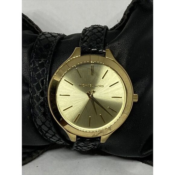 Michael Kors MK2315 Women Black Leather Analog Champagne Dial Quartz Watch XR514 - Picture 3 of 12